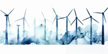 Blue Aquarelle Silhouettes Of Wind Turbines On A White Background, Embracing Eco And Green Energy Amidst Trees, Forest, And Hills, Crafted With The Style Of Digital Airbrushing