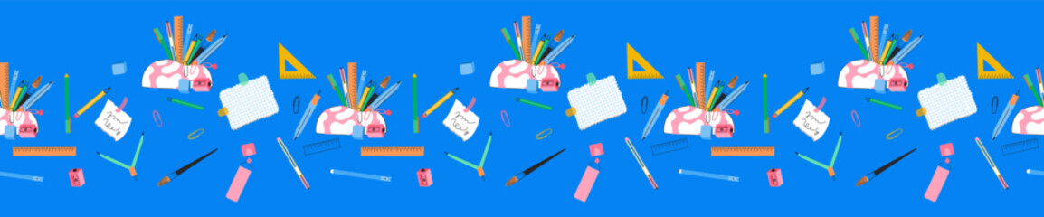 Wall Mural - School supplies seamless border . Stationery, notes, pencil box with writing tools. Education, back to school concept. Vector illustration isolated on blue background