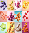 Photo set of berries and fruits. Levitation on pastel plain background with color grading.