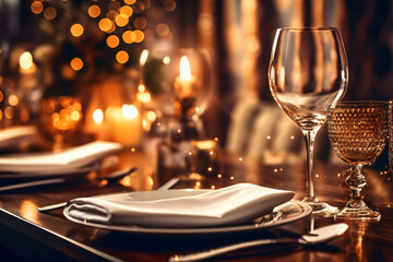 elegant table setting with candles in restaurant. selective focus. romantic dinner setting with cand