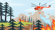 Helicopter extinguishes forest fire concept. Air vehicle drops water from bucket onto burning trees. Catastrophe and cataclysm, danger and emergency. Cartoon flat vector illustration