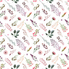 Wall Mural - Seamless pattern of leaves and flowers as a floral background. Abstract illustration, design element.