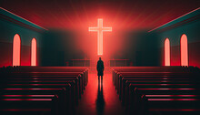 Through Gloomy Red Lighting, Silhouette Of Man Looms In Front Of Neon Catholic Cross.Tension Between Light And Darkness, Symbolic Confrontation Between Good And Evil, Erupted In Secret Ritual Of Night