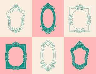 Set of frames for mirror silhouette. Decor and interior for home and apartment. Comfort and coziness. Aesthetics and elegance. Cartoon flat vector collection isolated on colorful background