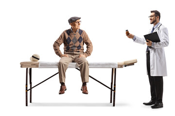 Poster - Elderly man sitting at a physical therapy bed and doctor showing a bottle of pills