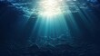 Dark blue ocean surface seen from underwater. Illustration of sun light rays under water. The relief of the seabed through the water column. Design for banner, poster, cover, brochure or presentation.