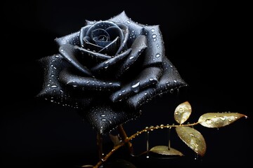 Poster - Black rose with water drops on a black background. Studio shot. A beautiful luxurious black rose with pointillism, AI Generated