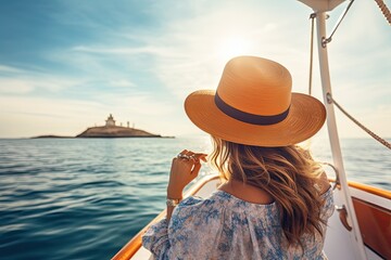 Poster - Young woman in a hat on a yacht at sunset. Travel concept, A beautiful tourist woman rear view with a sun hat sits on a yacht and looks at the sea, AI Generated