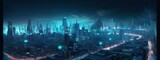 Fototapeta Miasto - Science fiction neon city night panorama