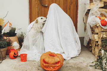 Trick or treat! Spooky ghost and cute dog at front of house with Jack o lantern pumpkin, spiders web and candles. Owner and puppy dressed as ghost at halloween decor on porch. Happy Halloween