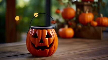 A Halloween Trick Or Treat Candy Bucket in the Shape of a Jack O Lantern kept on a Wooden Floor