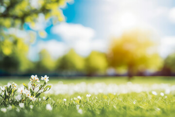 Beautiful blurred background image of spring nature with sunny sky. Green nature and blue skies.