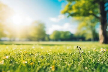 beautiful blurred background image of spring nature with sunny sky. green nature and blue skies.