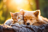Fototapeta Zwierzęta - Cat and dog sleeping. Puppy and kitten napping together. Cute pets. Blurred background.