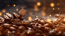 Roasted Coffee Beans On Brown Blurred Background With Bokeh Effect. Stylish Design For Cover, Banner. 