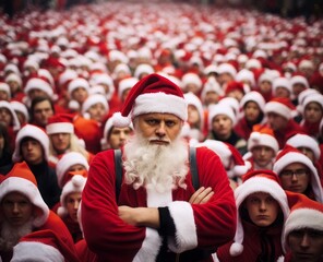 Many Santas, a huge crowd and a close-up view of a handsome young Santa who stands out, stands out from the crowd, is different and respects diversity. Generative AI.