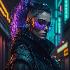 High detailed illustration of young woman in cyberpunk style