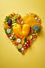 Yellow healthy food formed to a heart, yellowish background