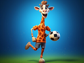 Poster - A Cute 3D Giraffe Playing Soccer on a Solid Color Background | Generative AI