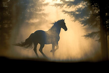 Horse Silhouette Seen In Fog Or Smoke In Forest. Medieval Europe, Fantasy, Mist, Horse Concept. Made With Generative AI