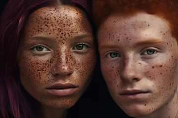 Portrait of two beautiful young man and woman with freckles