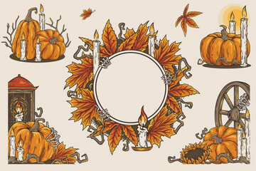 Wall Mural - Set of Halloween designs for holiday backgrounds, banners and postcards. Halloween collection with pumkins, lantern, skeleton hand and autumn leaves for decoration dark party or scary autumn festival