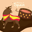 Cute bull with spanish flags next to a bullring Spain culture template Vector