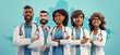 © Vertigo Images - Cartoon character doctors, international team of healthcare professionals isolated on blue background. Medical colleagues hospital staff, generative ai