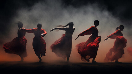 Dancers on podium with smoke dancing at musical event