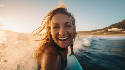 surfer woman inside a beautiful blue wave of water at sunrise with blurred background