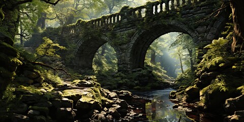 Wall Mural - illustration of stone bridge in forest, generative AI