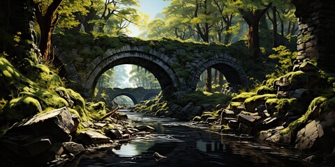 Wall Mural - illustration of stone bridge in forest, generative AI