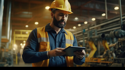 Wall Mural - Modern Engineer is checking machine use tablets in the factory for routine maintenance