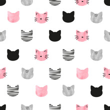 Seamless Cute Cats Pattern. Vector Illustration With Watercolor Cat Heads. Childish Print