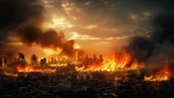 Empty street of burnt up city. Apocalyptic view of city downtown as disaster film poster concept. City destroyed by war