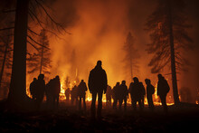 Nighttime Forest Fire, People Silhouette Watching Generative AI
