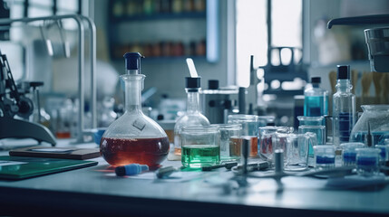 Wall Mural - microscope and lab glassware in medical lab