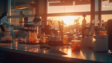 Wall Mural - microscope and lab glassware in medical lab