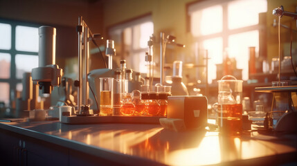 Wall Mural - microscope and lab glassware in medical lab