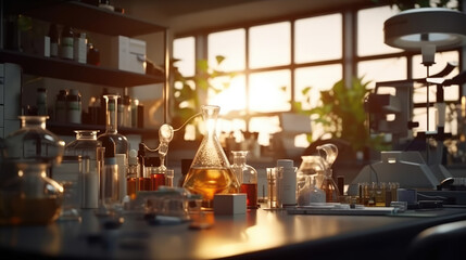 Wall Mural - microscope and lab glassware in medical lab