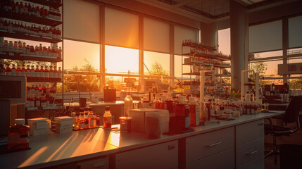 Wall Mural - microscope and lab glassware in medical lab