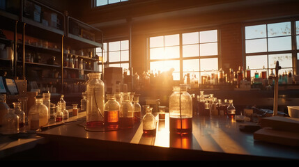 Wall Mural - microscope and lab glassware in medical lab