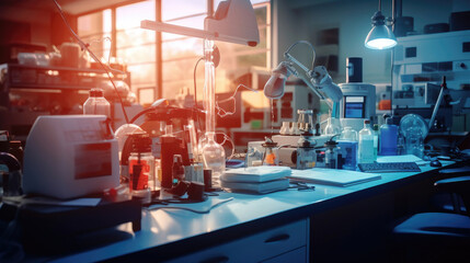 Wall Mural - microscope and lab glassware in medical lab