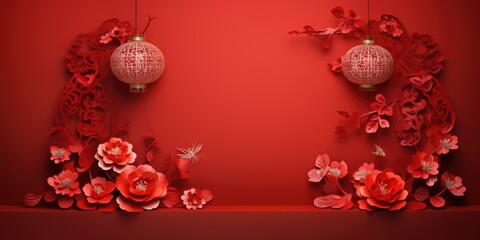 Wall Mural - A red wall with paper flowers and lanterns. Elegant design for Chinese New Year greeting card. Copy space, place for text.
