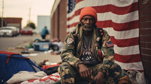 Homeless Veteran On The Street With An American Flag