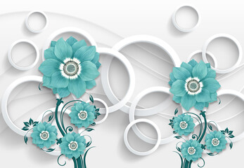 turquoise flowers with wave background wallpaper 3d