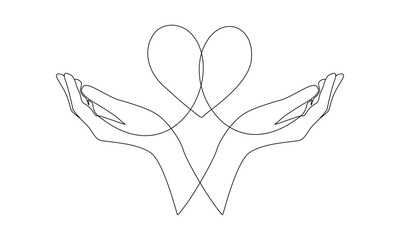Wall Mural - One continuous line drawing of hands holding heart. Concept of love and volunteer organisation symbol in simple linear style. Editable stroke. Doodle outline vector illustration