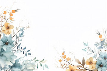 Pale autumn leaves and flowers - botanical design banner. Floral pastel watercolor border frame. Generative AI.