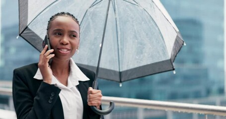 Canvas Print - Talking, umbrella and a black woman on a phone call for work, communication and networking. Happy, corporate and a young employee speaking on a mobile for planning, conversation and chat in the rain