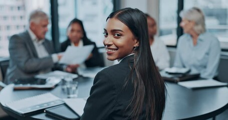 Poster - Portrait, professional and strategy for meeting with indian woman at company for planning for collaboration. Success, face and business person in boardroom for teamwork with management with smile.